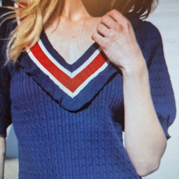 Voy Large Pullover RED WHITE Blue Patriotic Nautical SS Sweater Cable - Picture 7 of 7